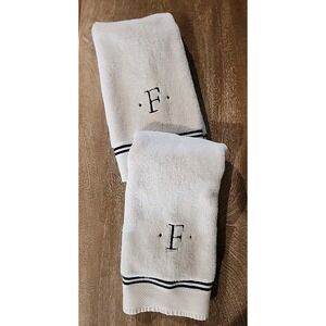 PAIR/White w/Navy Stripe Inital "F" 100% Turkish Cotton Hand Towels FrontGate EC